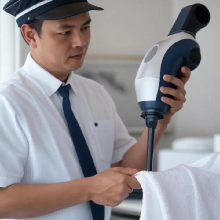 Pracownik prasujący ubrania parą w pralni PralniaCenter