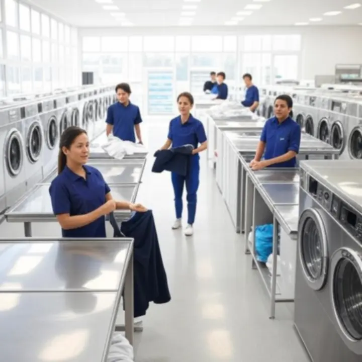 Nowoczesne zaplecze pralni z profesjonalnymi maszynami i pracującym personelem