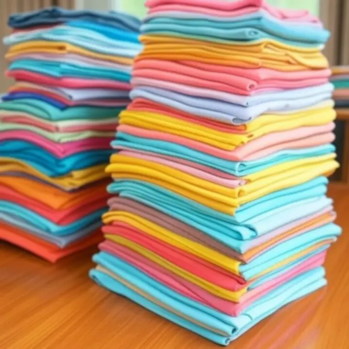 Starannie złożone, świeżo wyprane ubrania ułożone w równych stosach