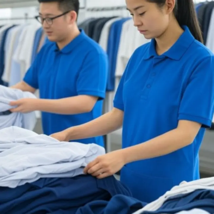 Zespół pralni PralniaCenter uważnie zajmujący się odzieżą w jasnym, nowoczesnym wnętrzu