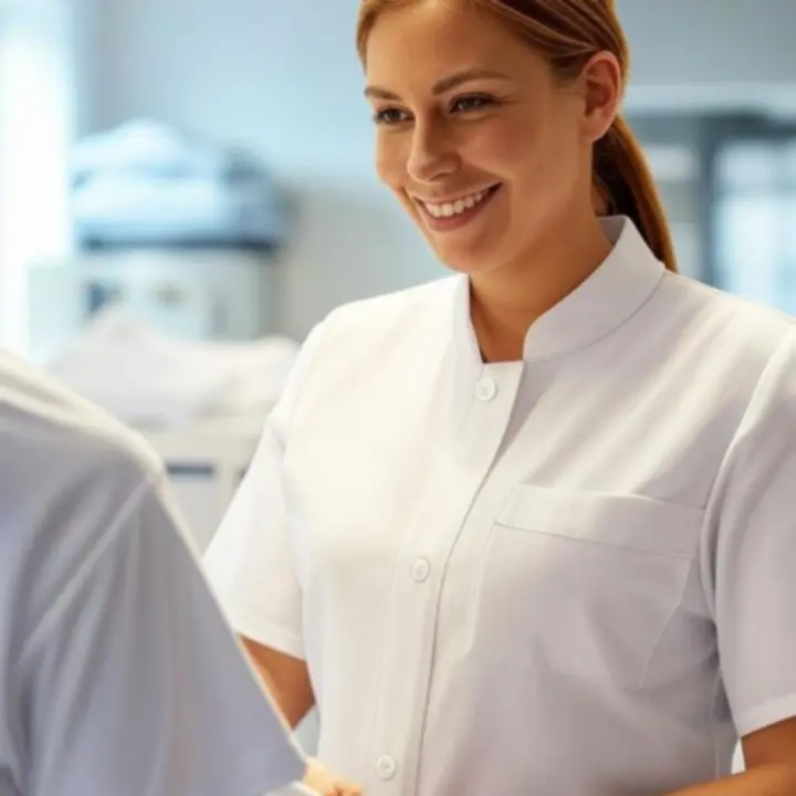 Pracownik pralni PralniaCenter dokładnie sprawdzający ubranie przed praniem