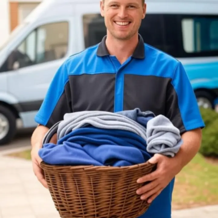 Pracownik pralni dostarczający wypraną odzież z samochodu pod drzwi klienta